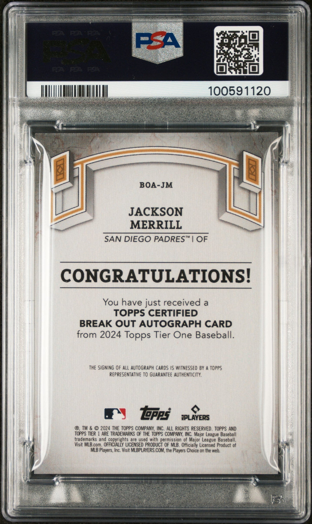 2024 Topps Tier One Red Foil Jackson Merrill #BOAJM Auto /25 PSA 10