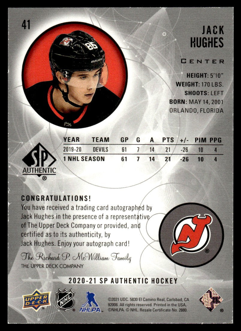 2020 Upper Deck SP Authentic 41 Jack Hughes Devils Auto