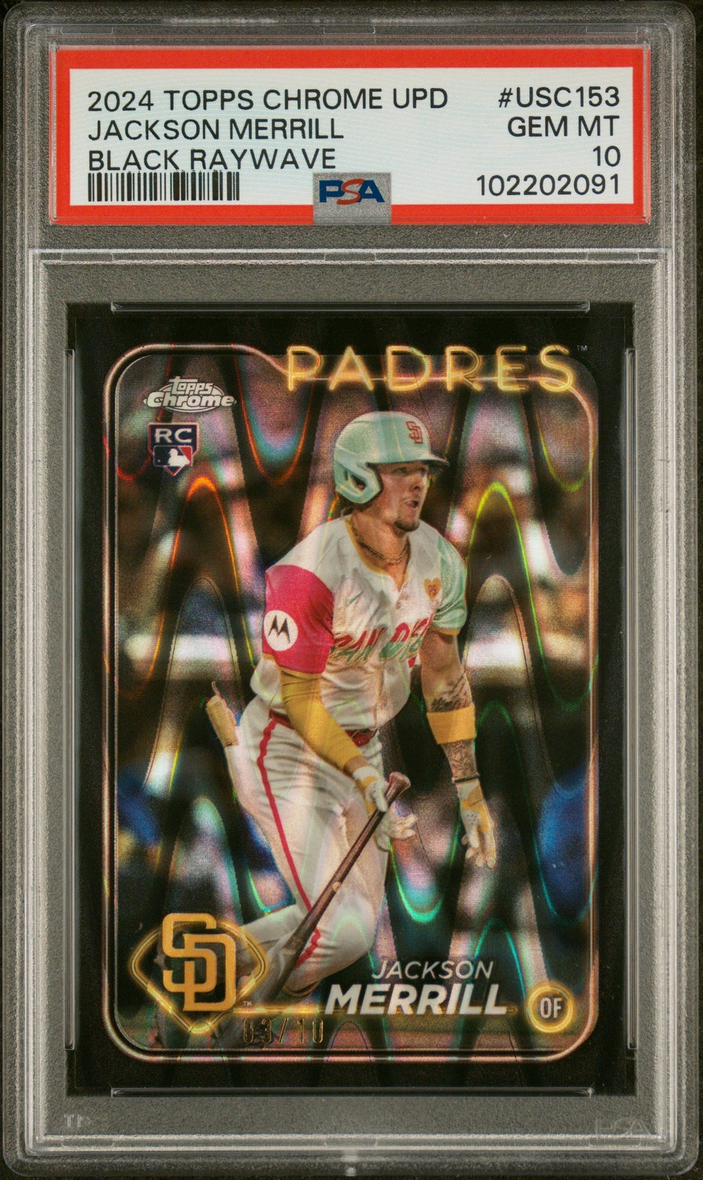 2024 Topps Chrome Update Black RayWave Jackson Merrill #USC153 RC /10 PSA 10