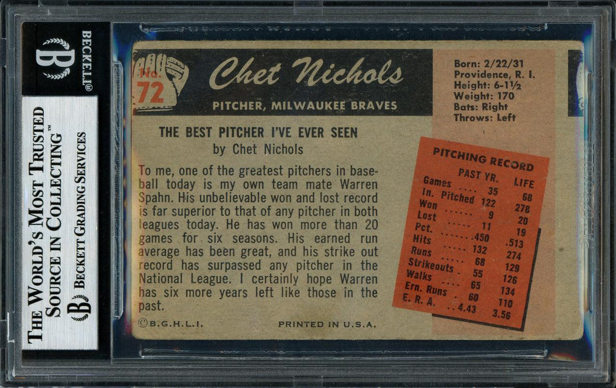 Chet Nichols Autographed 1955 Bowman Card #72 Milwaukee Braves Beckett BAS #11077276