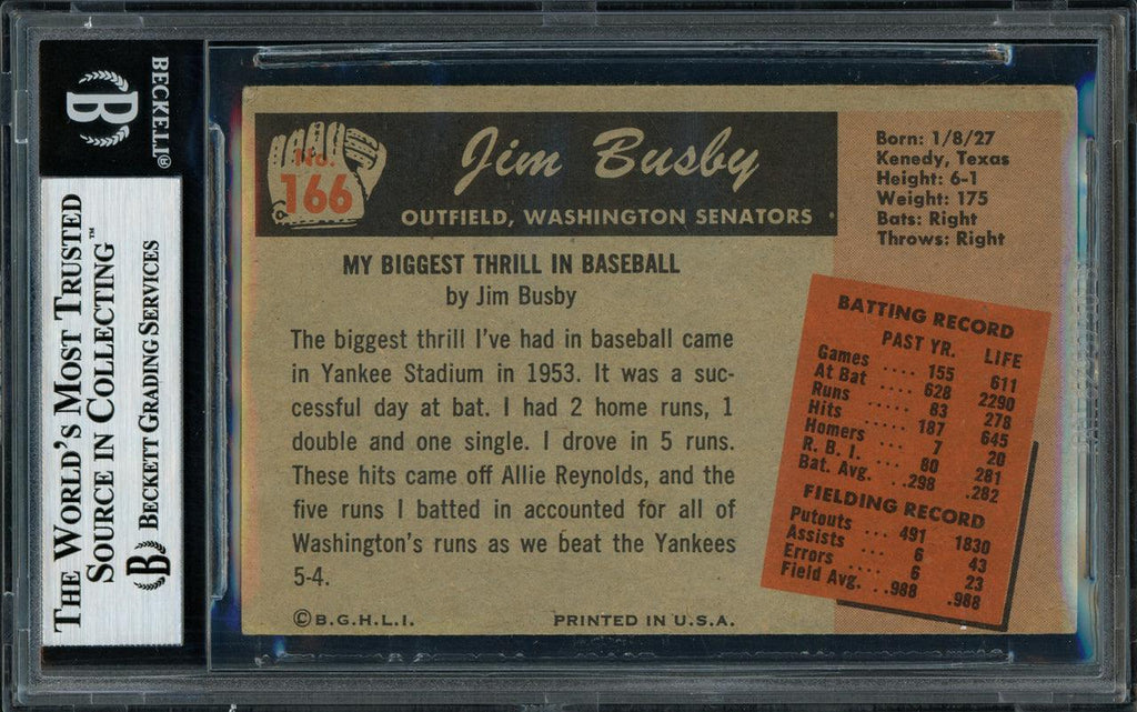 Jim Busby Autographed 1955 Bowman Card #166 Washington Senators Beckett BAS #11077295