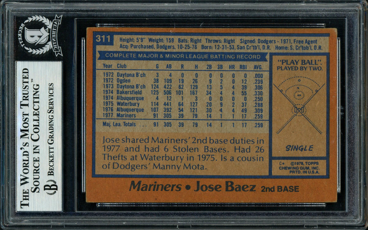 Jose Baez Autographed 1978 Topps Rookie Card #311 Seattle Mariners Beckett BAS #11317520
