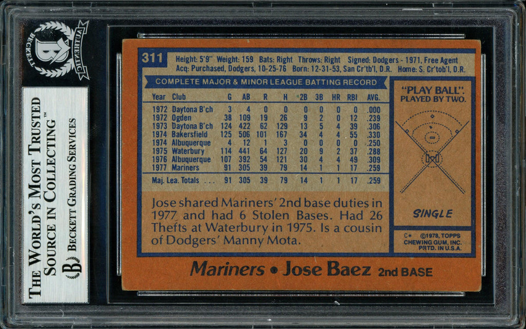 Jose Baez Autographed 1978 Topps Rookie Card #311 Seattle Mariners Beckett BAS #11317521
