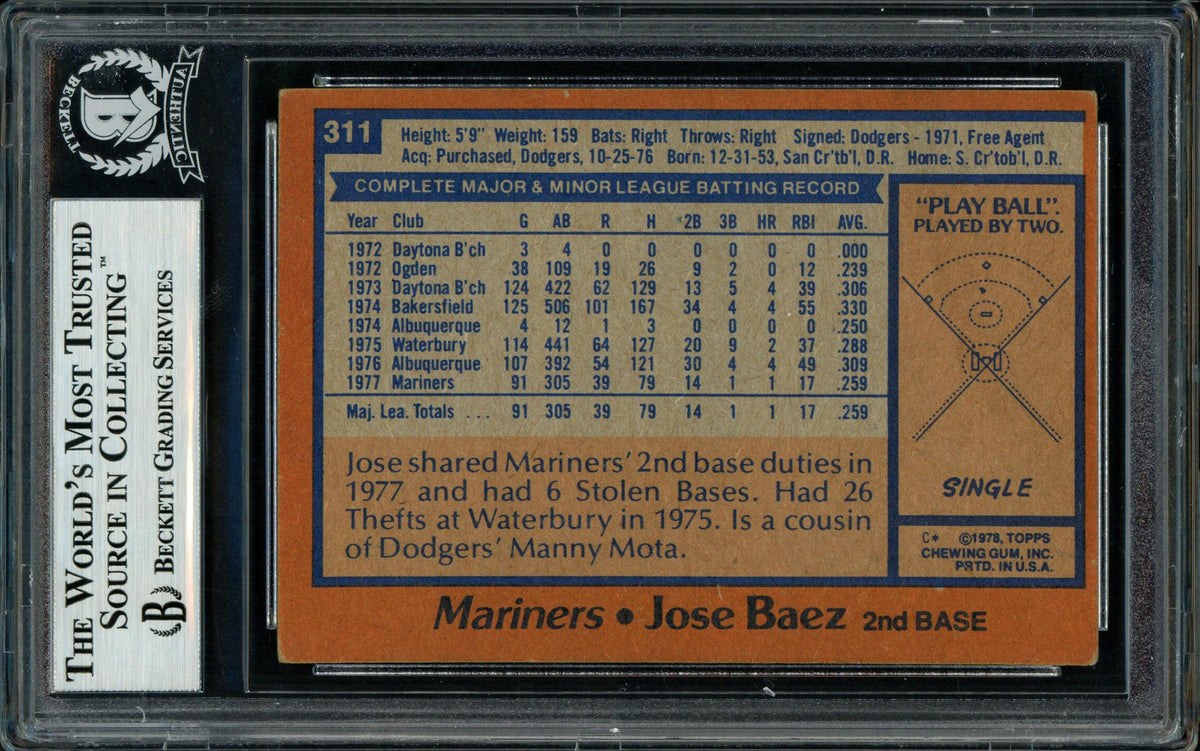 Jose Baez Autographed 1978 Topps Rookie Card #311 Seattle Mariners Beckett BAS #11317521