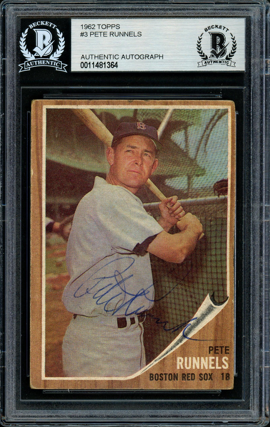 Pete Runnels Autographed 1962 Topps Card #3 Boston Red Sox Beckett BAS #11481364