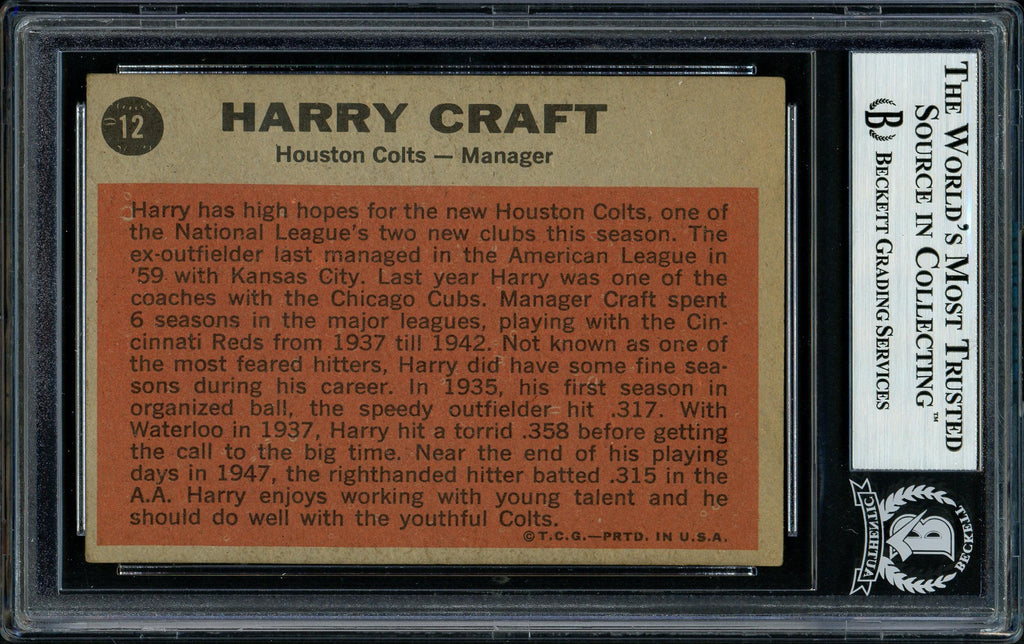 Harry Craft Autographed 1962 Topps Card #12 Houston Colt .45's Beckett BAS #11481367