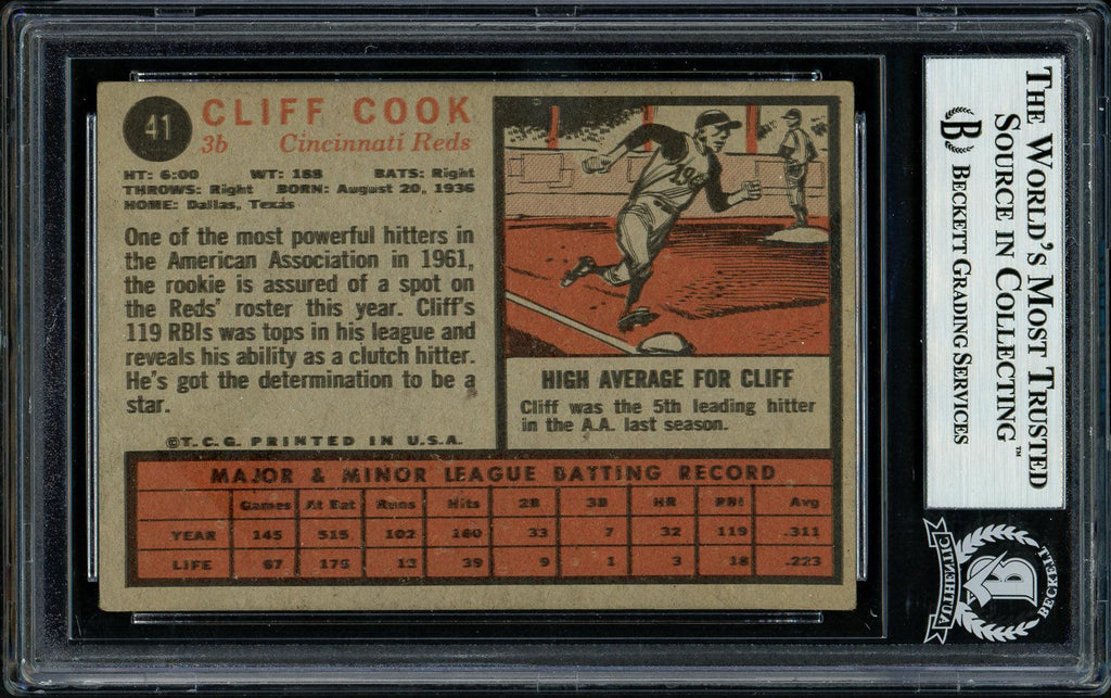 Cliff Cook Autographed 1962 Topps Rookie Card #41 Cincinnati Reds Beckett BAS #11481385