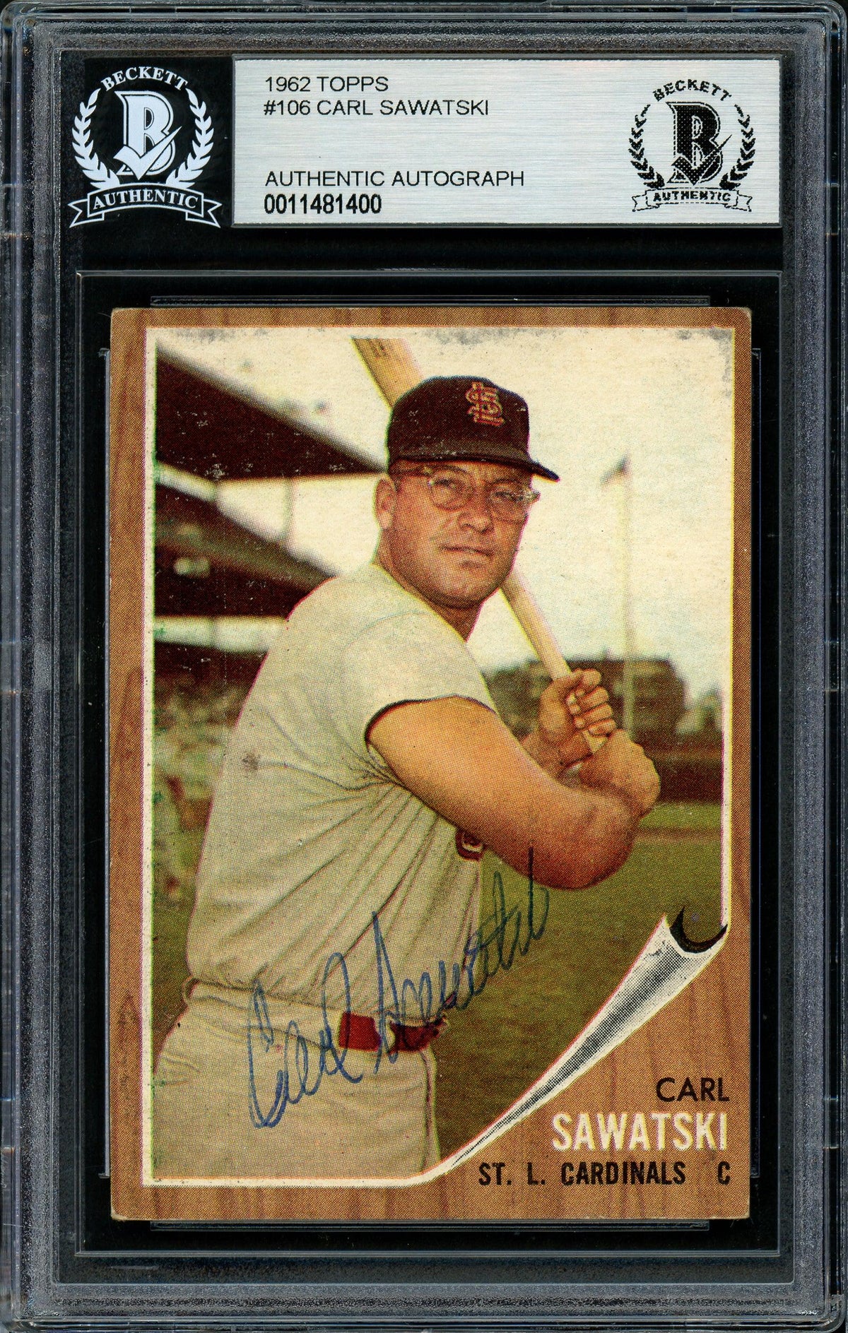 Carl Sawatski Autographed 1962 Topps Card #106 St. Louis Cardinals Beckett BAS #11481400