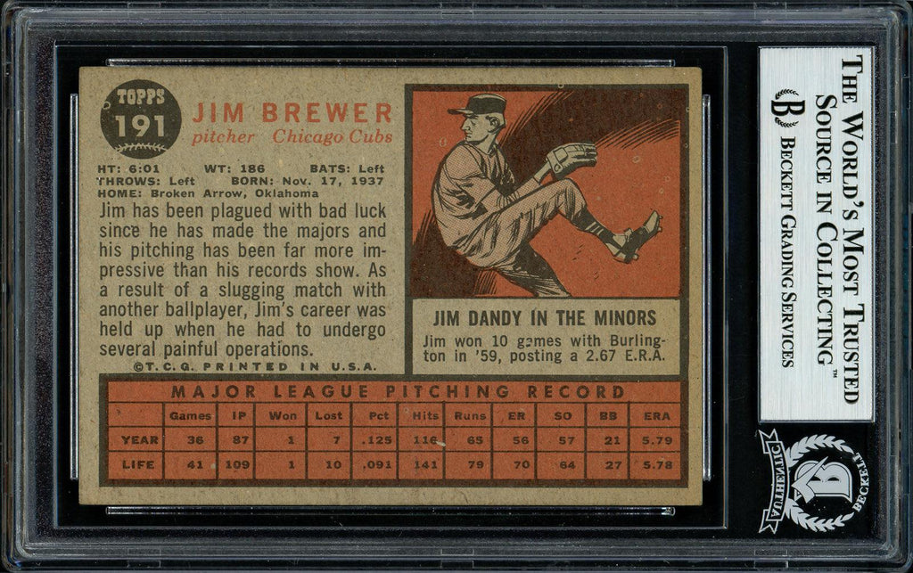 Jim Brewer Autographed 1962 Topps Card #191 Chicago Cubs Beckett BAS #11481430