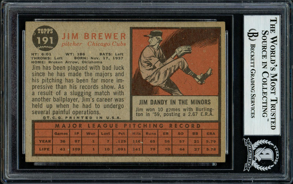 Jim Brewer Autographed 1962 Topps Card #191 Chicago Cubs Beckett BAS #11481430