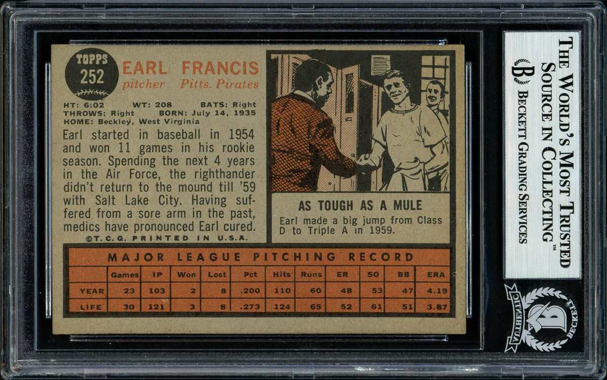 Earl Francis Autographed 1962 Topps Card #252 Pittsburgh Pirates Beckett BAS #11481457