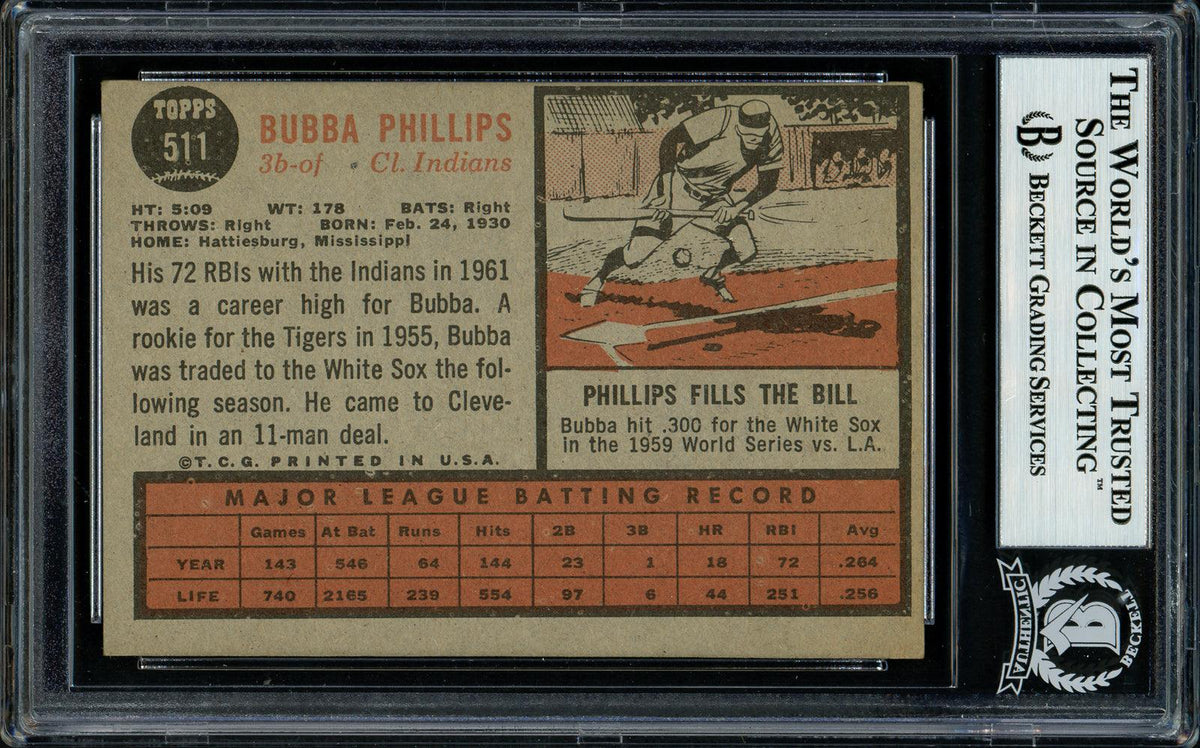 Bubba Phillips Autographed 1962 Topps Card #511 Cleveland Indians Beckett BAS #11481553