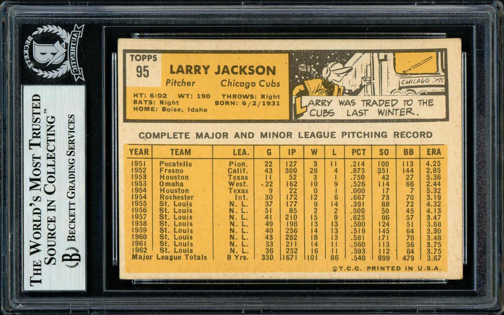 Larry Jackson Autographed 1963 Topps Card #95 Chicago Cubs Beckett BAS #11481663