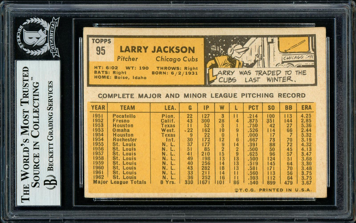 Larry Jackson Autographed 1963 Topps Card #95 Chicago Cubs Beckett BAS #11481663