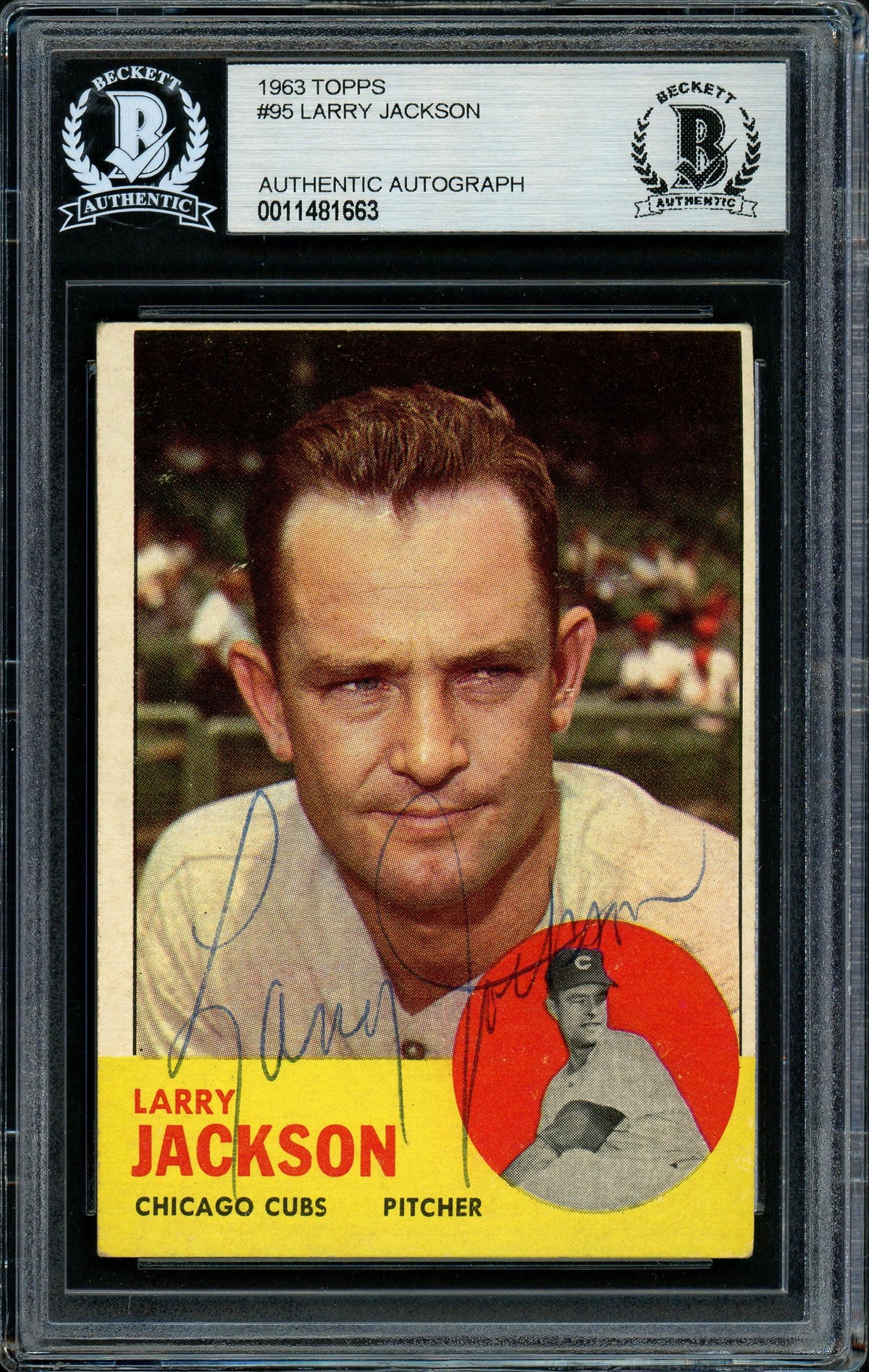 Larry Jackson Autographed 1963 Topps Card #95 Chicago Cubs Beckett BAS #11481663