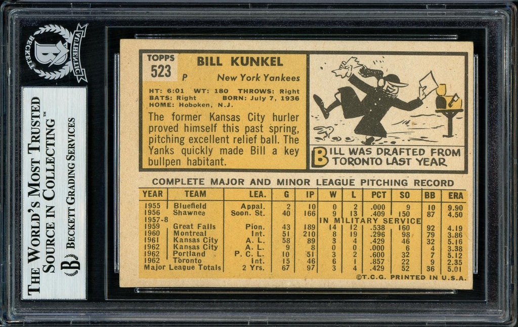 Bill Kunkel Autographed 1963 Topps High Number Card #523 New York Yankees Beckett BAS #11481983
