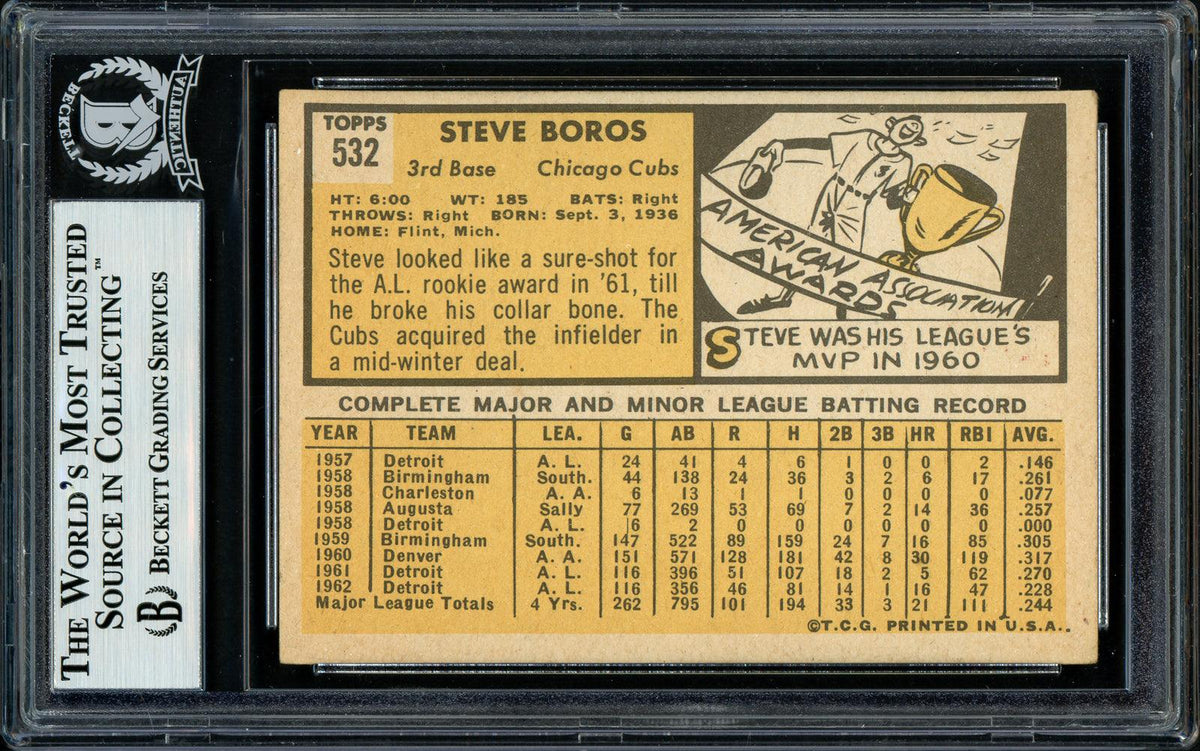 Steve Boros Autographed 1963 Topps High Number Card #532 Chicago Cubs Beckett BAS #11481987