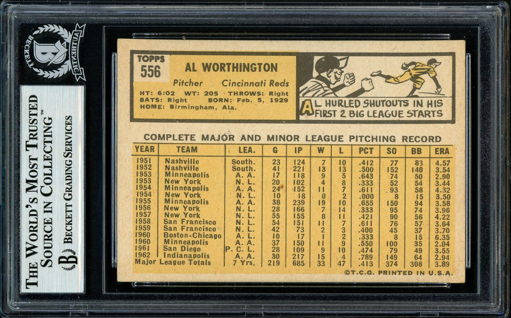 Al Worthington Autographed 1963 Topps High Number Card #556 Cincinnati Reds Beckett BAS #11482004