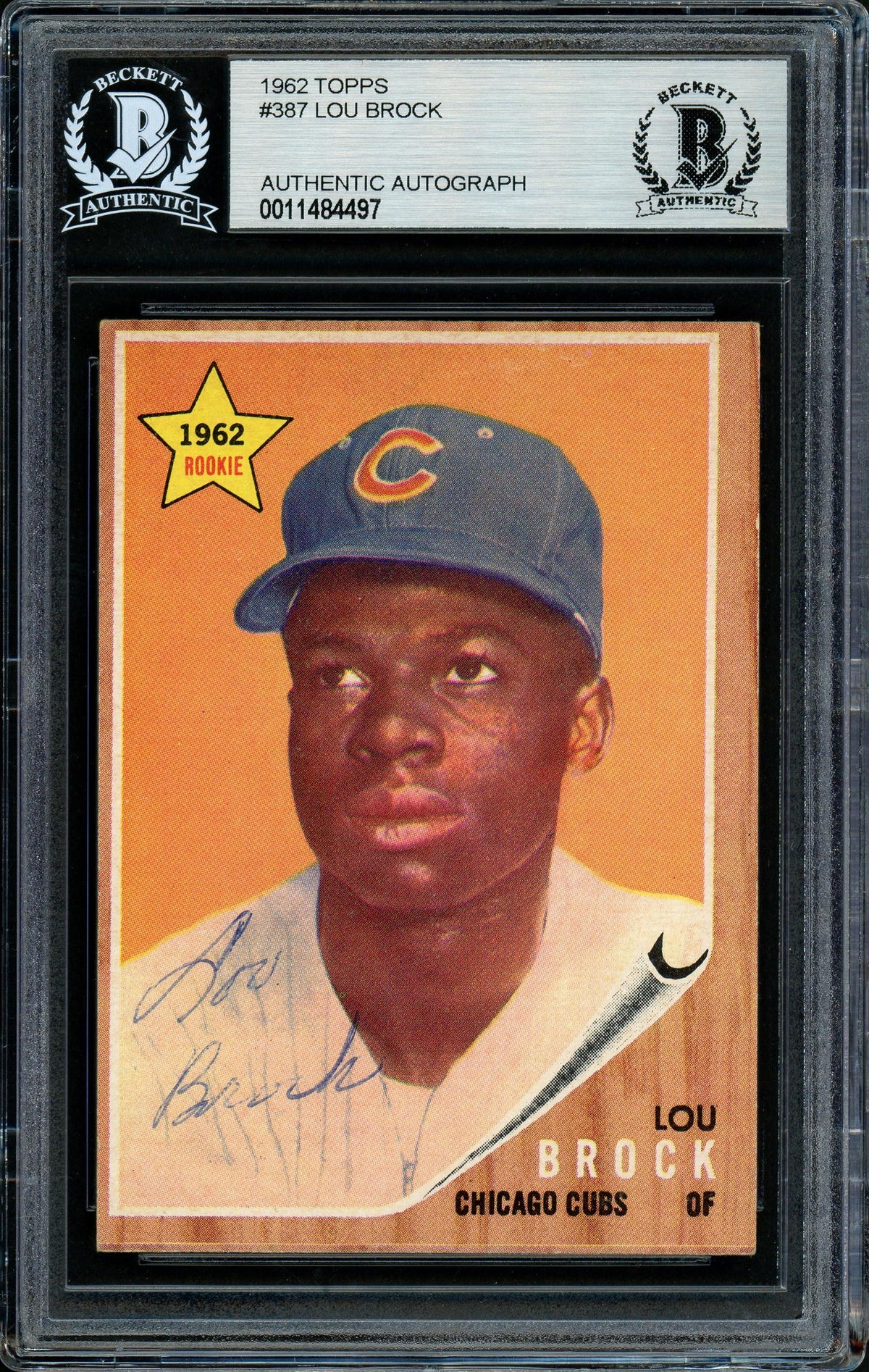 Lou Brock Autographed 1962 Topps Rookie Card #387 Chicago Cubs Beckett BAS #11484497