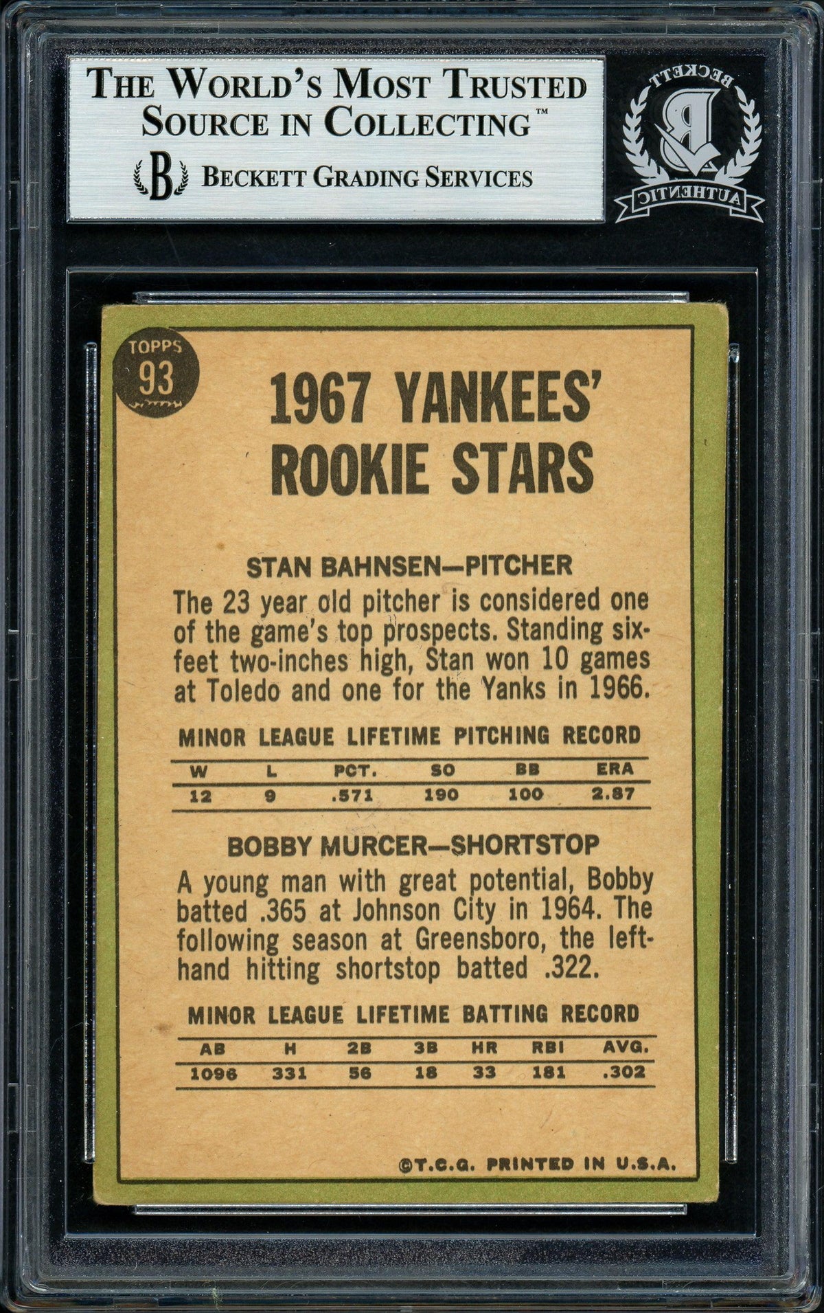 Bobby Murcer & Stan Bahnsen Autographed 1967 Topps Rookie Card #93 New York Yankees Beckett BAS #11627917