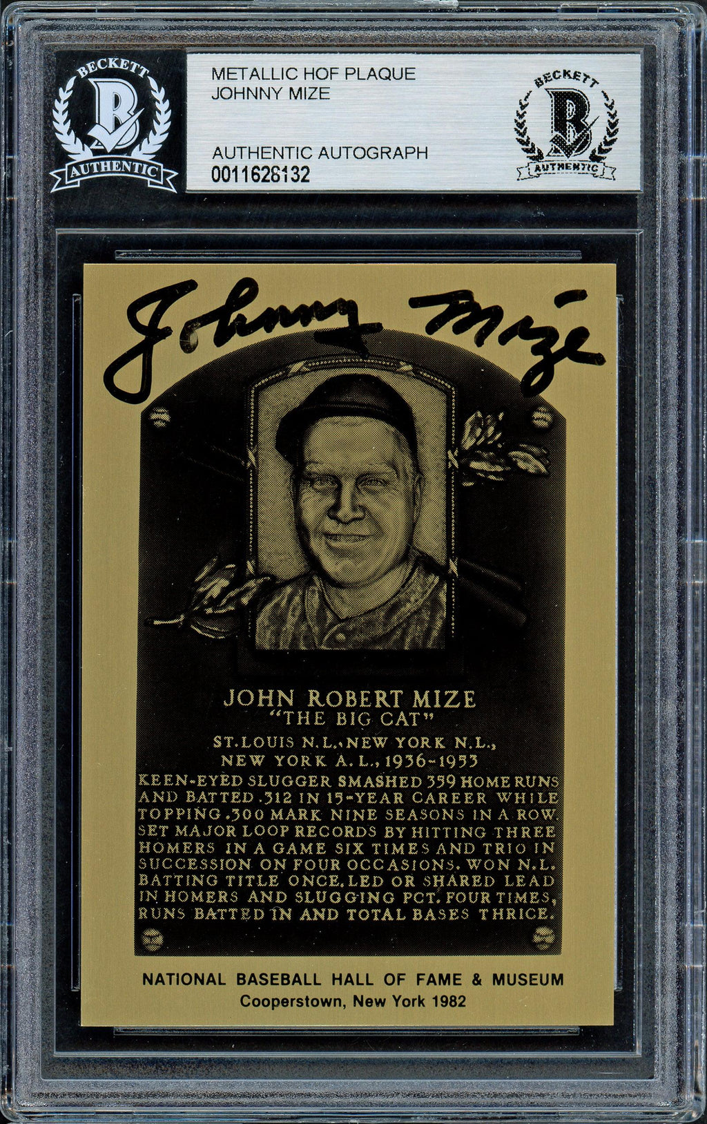 Johnny Mize Autographed 1982 Metallic HOF Plaque Card New York Yankees Beckett BAS #11628132