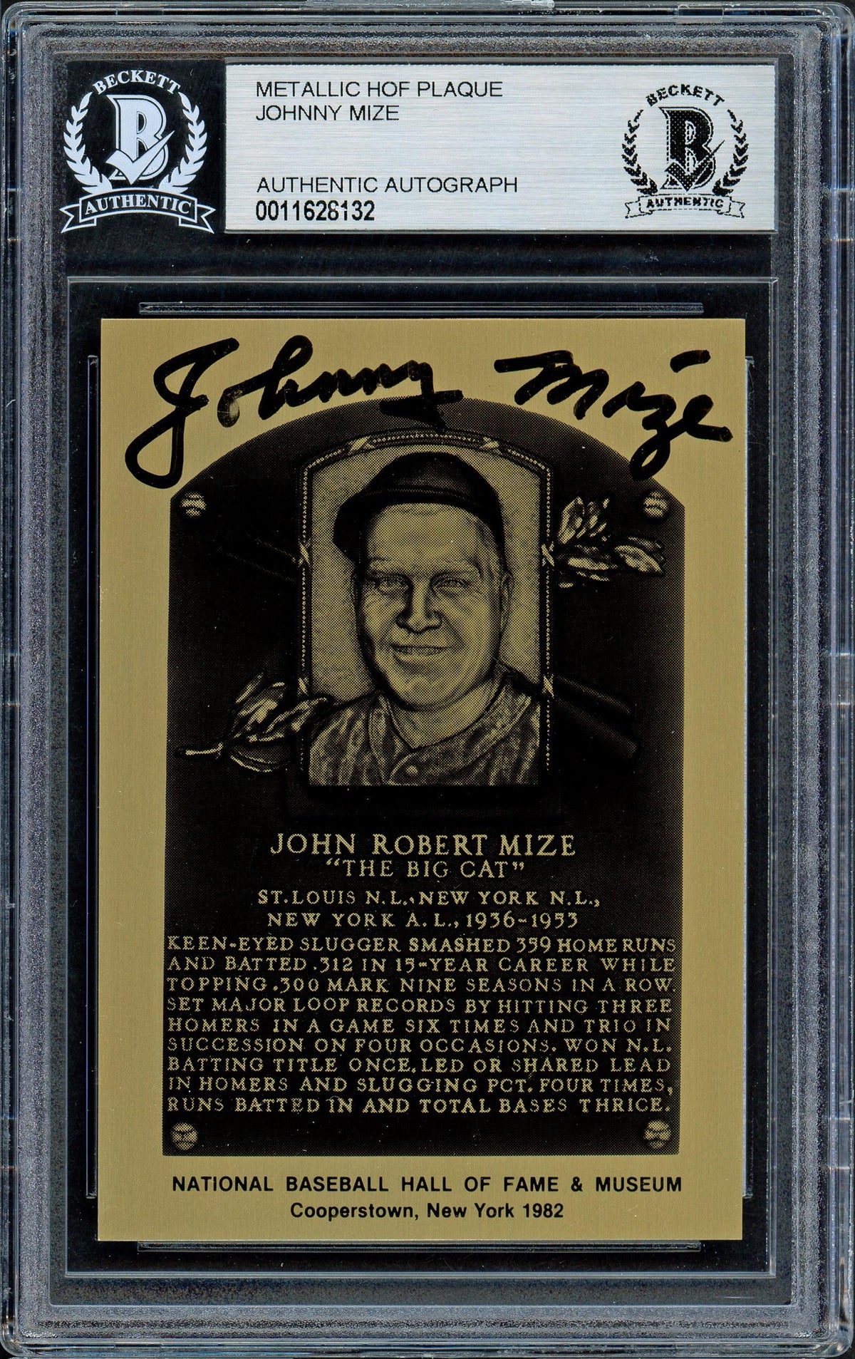 Johnny Mize Autographed 1982 Metallic HOF Plaque Card New York Yankees Beckett BAS #11628132