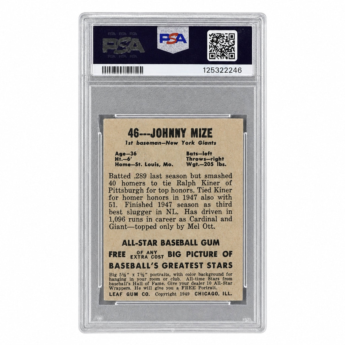 1949 Leaf Johnny Mize #46 PSA 3
