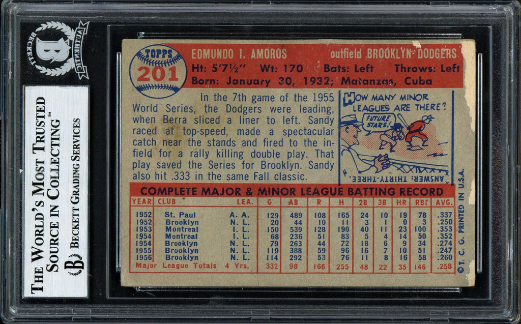 Sandy Amoros Autographed 1957 Topps Card #201 Brooklyn Dodgers Beckett BAS #12056603