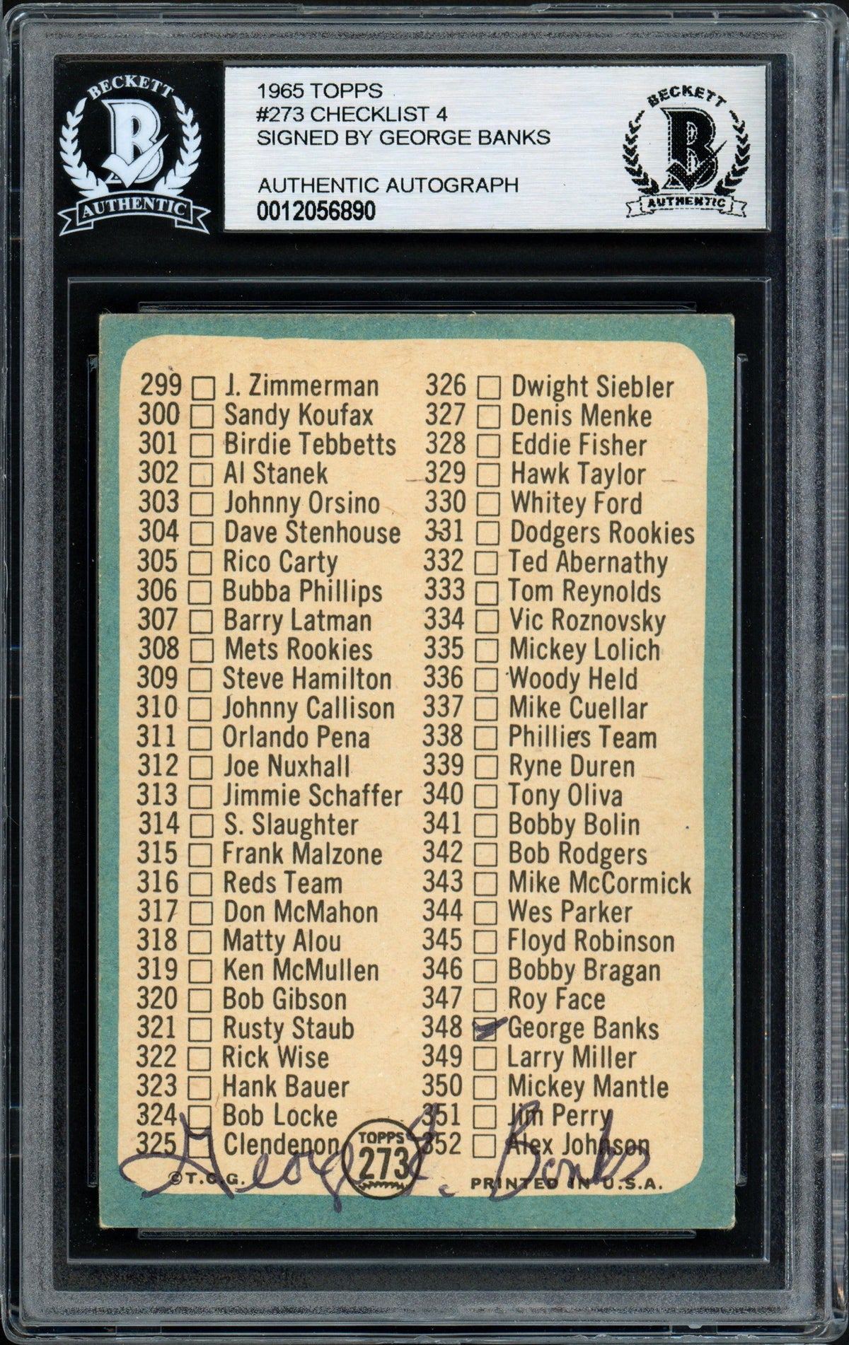 George Banks Autographed 1965 Topps Checklist Card #273 Cleveland Indians Beckett BAS #12056890