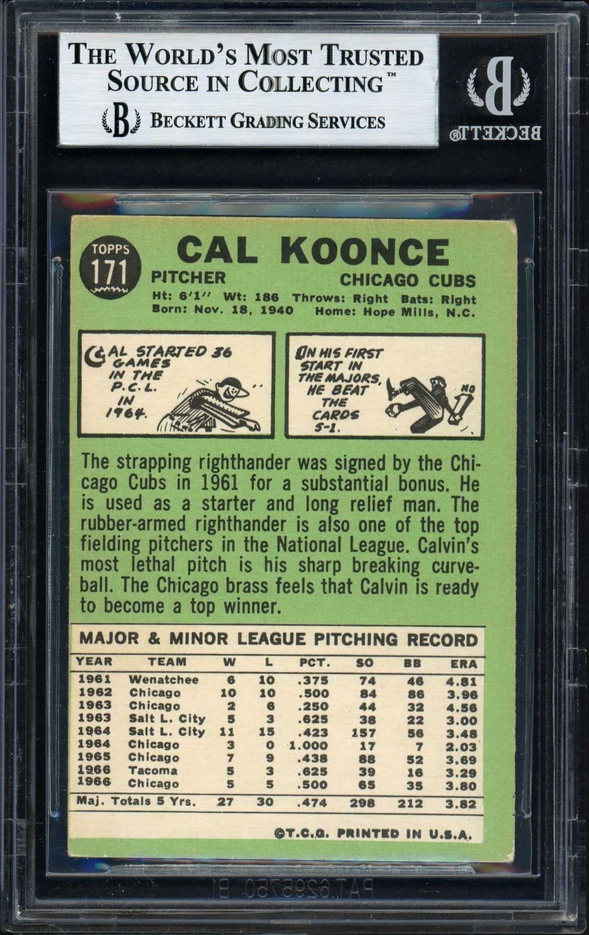 Cal Koonce Autographed 1967 Topps Card #171 Chicago Cubs Beckett BAS #12057135