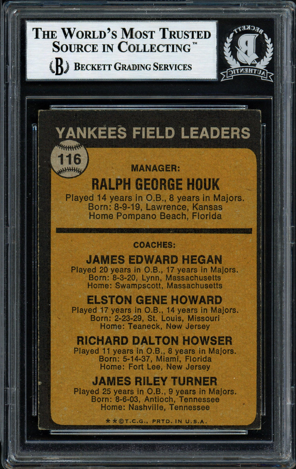 Elston Howard & Jim Turner Autographed 1973 Topps Card #116 New York Yankees Beckett BAS #12057387