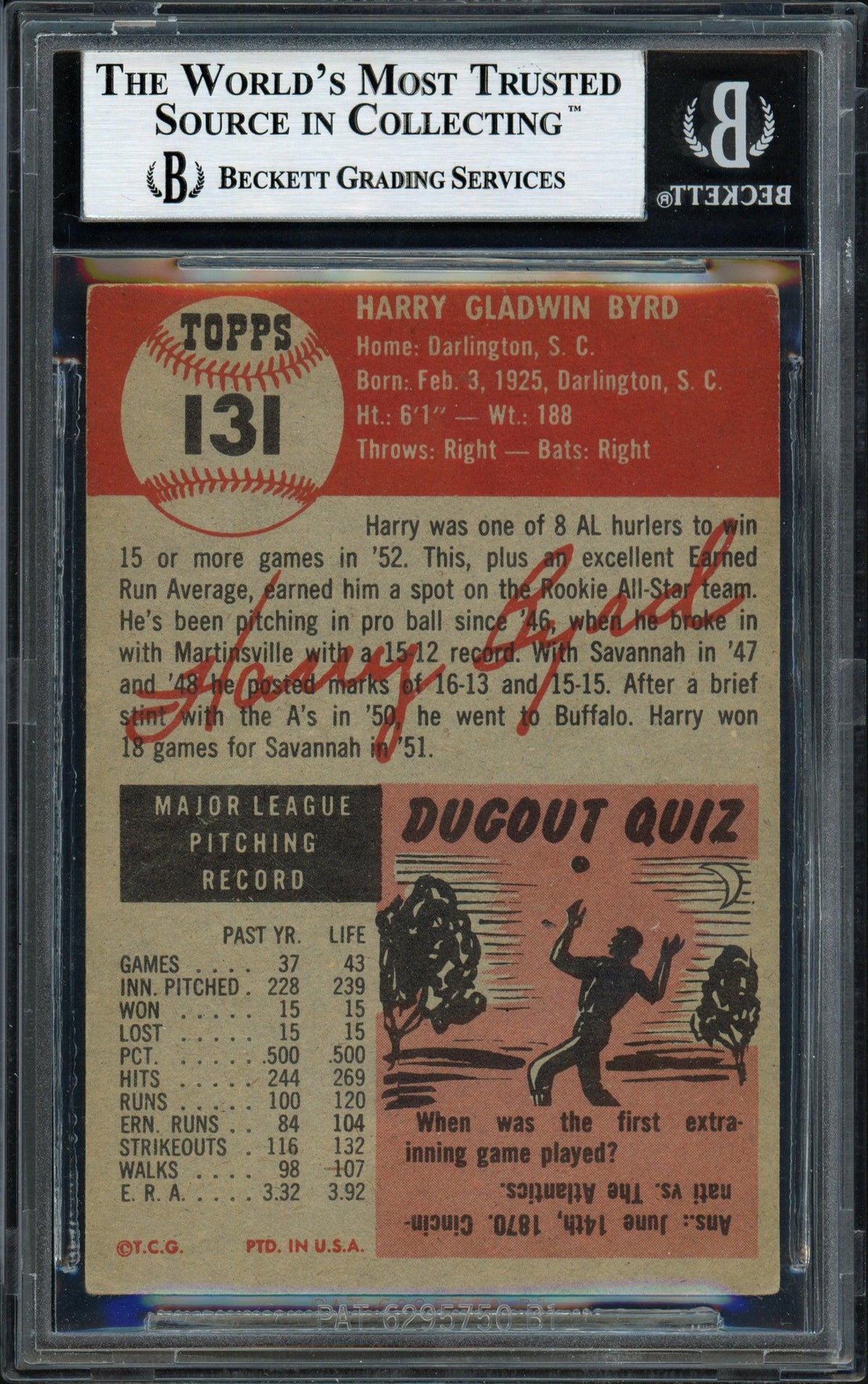 Harry Byrd Autographed 1953 Topps Rookie Card #131 Philadelphia A's Beckett BAS #12058853