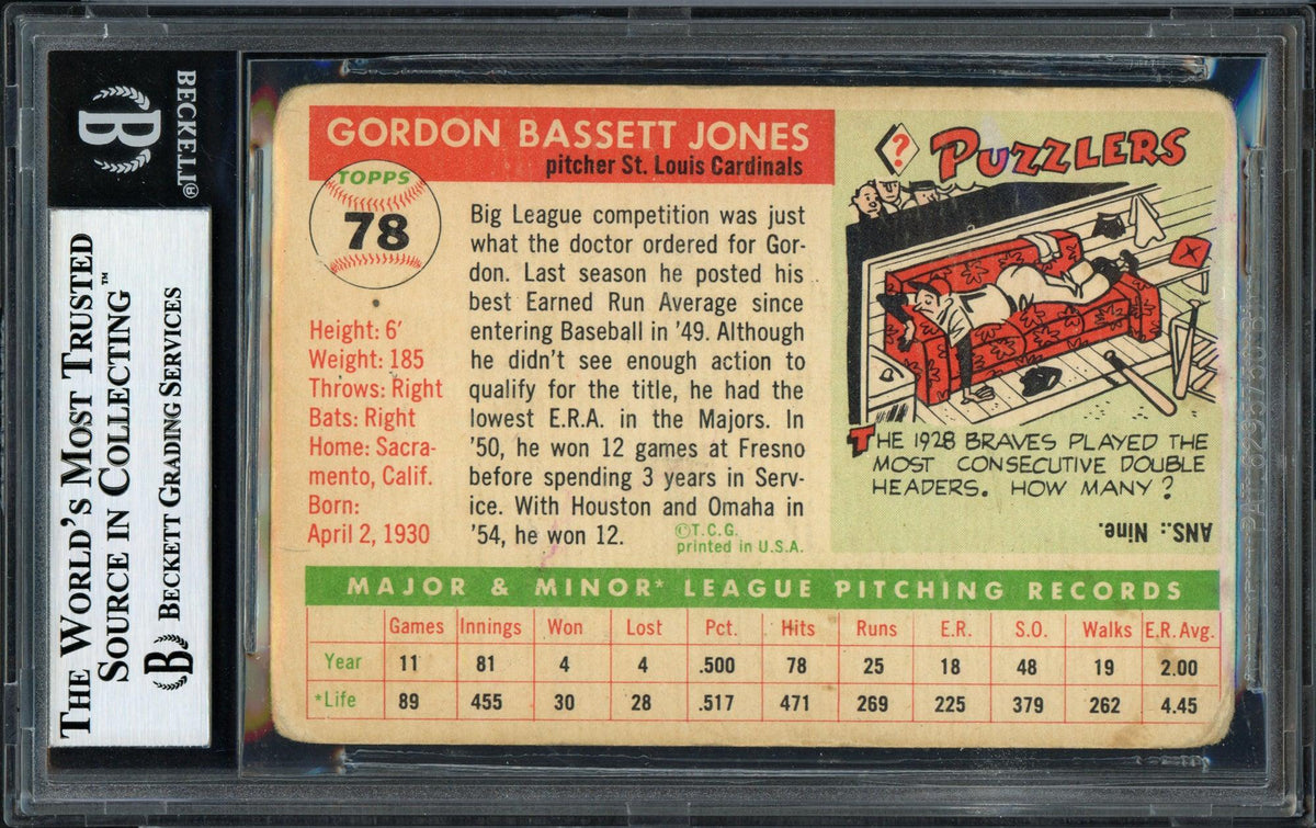 Gordon Jones Autographed 1955 Topps Rookie Card #78 St. Louis Cardinals Beckett BAS #12058876