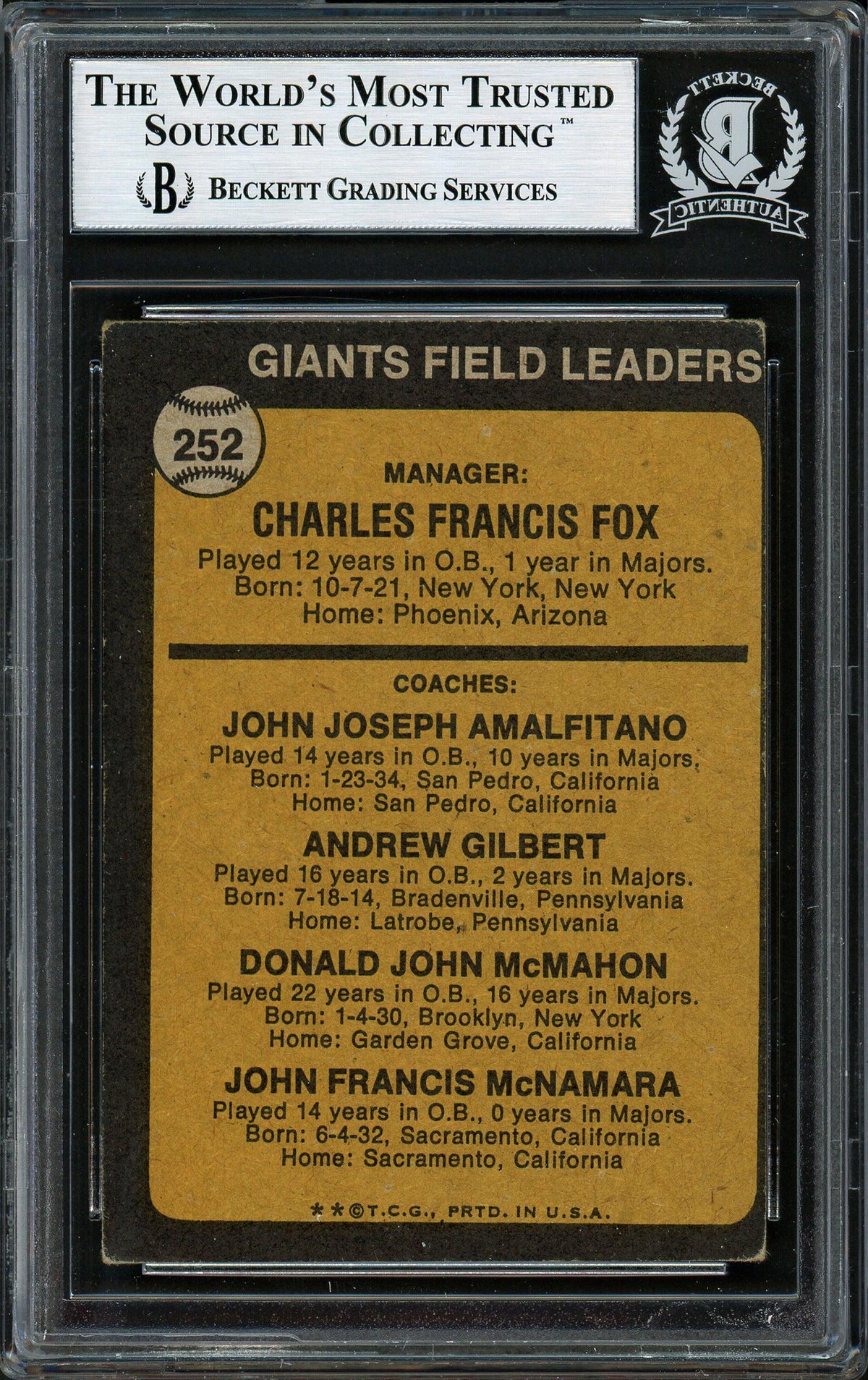 Don McMahon Autographed 1973 Topps Card #252 San Francisco Giants Beckett BAS #12306462