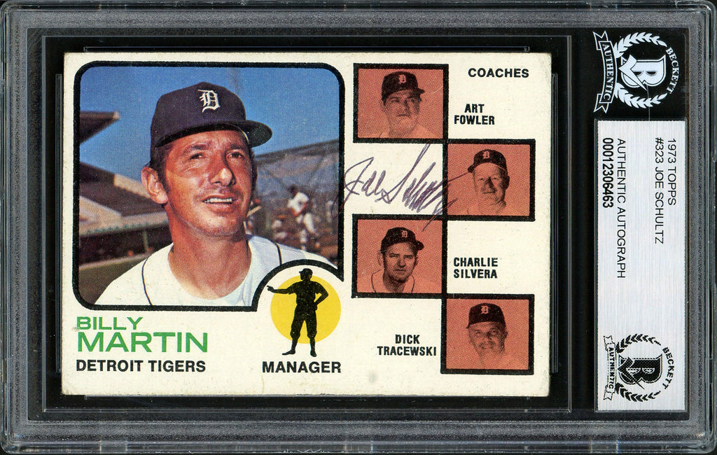 Joe Schultz Autographed 1973 Topps Card #323 Detroit Tigers Beckett BAS #12306463