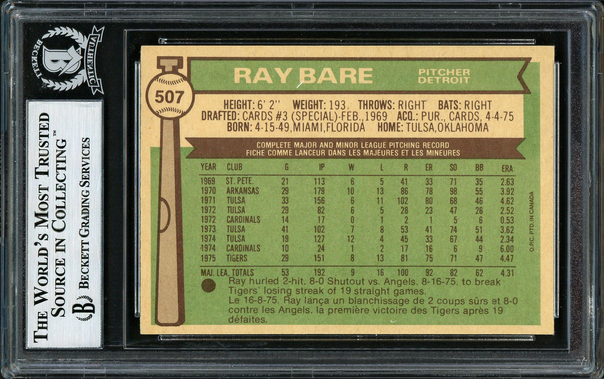 Ray Bare Autographed 1976 O-Pee-Chee Card #507 Detroit Tigers Beckett BAS #12306514