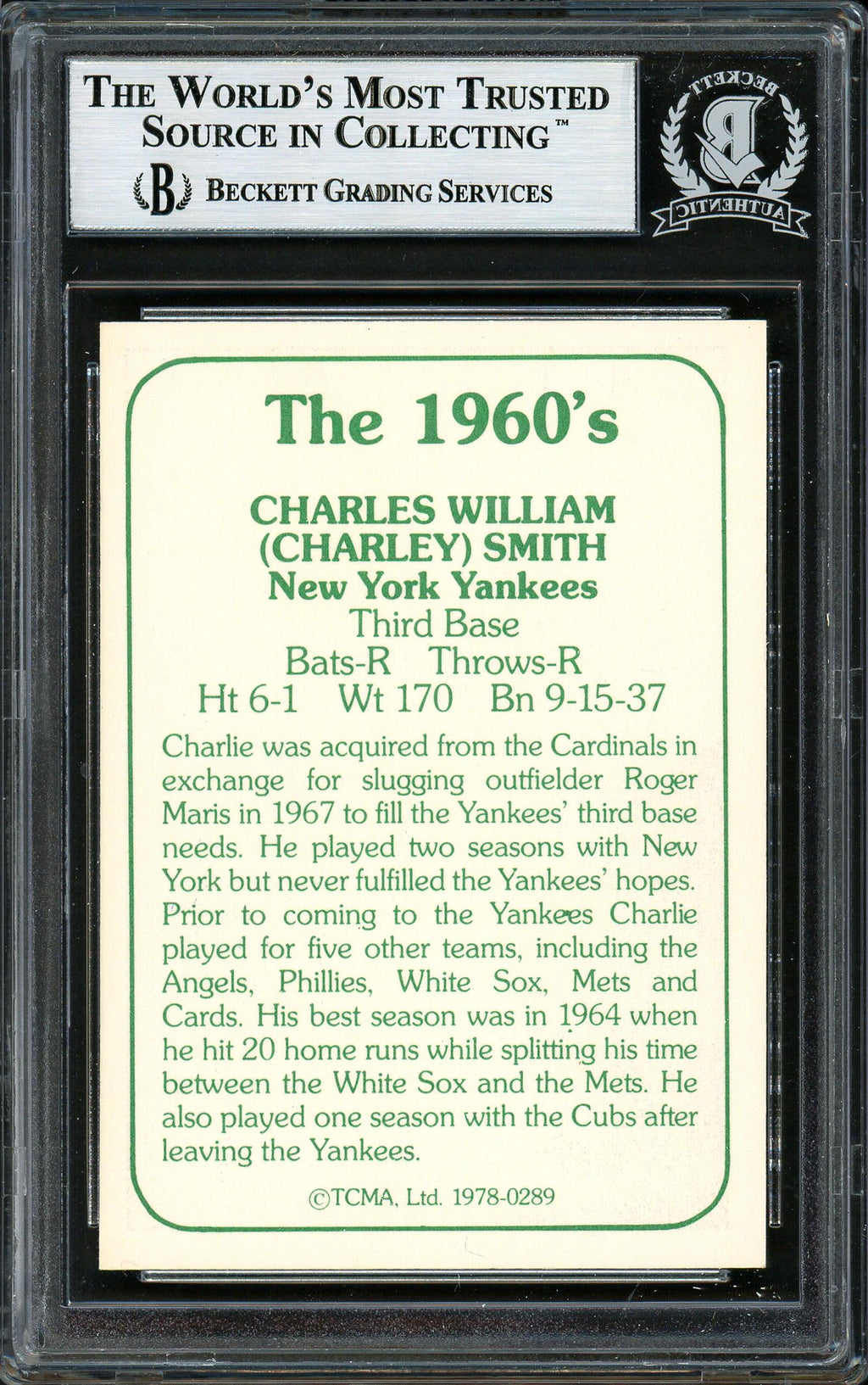 Charley Smith Autographed 1978 TCMA Card #289 New York Yankees Beckett BAS #12306750