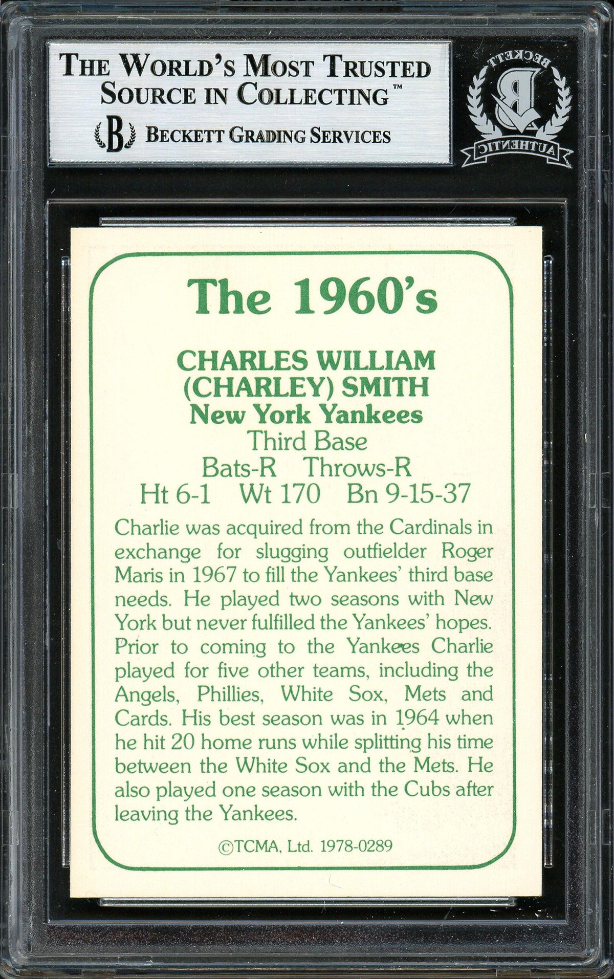 Charley Smith Autographed 1978 TCMA Card #289 New York Yankees Beckett BAS #12306750