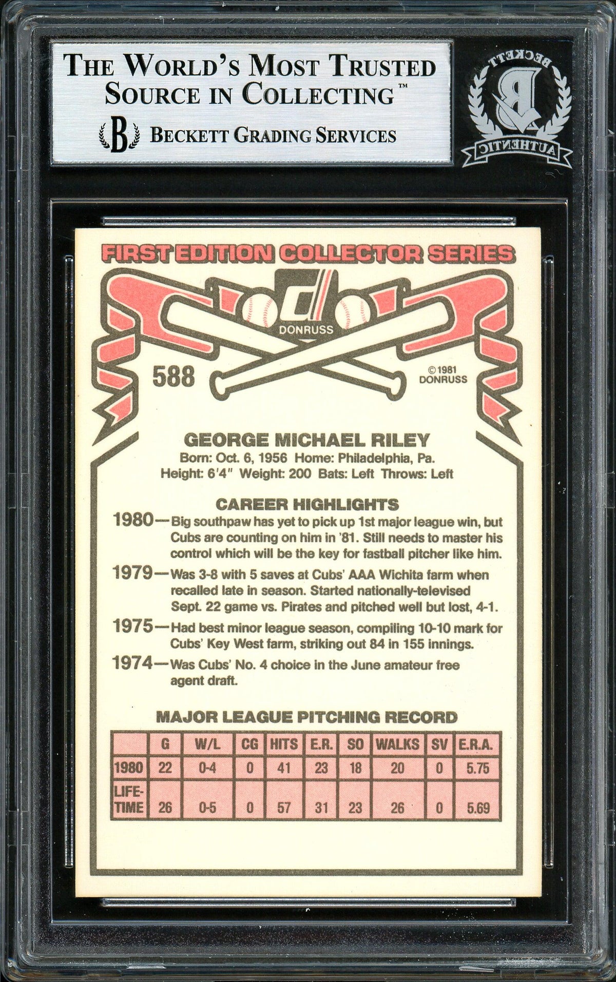 George Riley Autographed 1981 Donruss Rookie Card #588 Chicago Cubs Beckett BAS #12306792