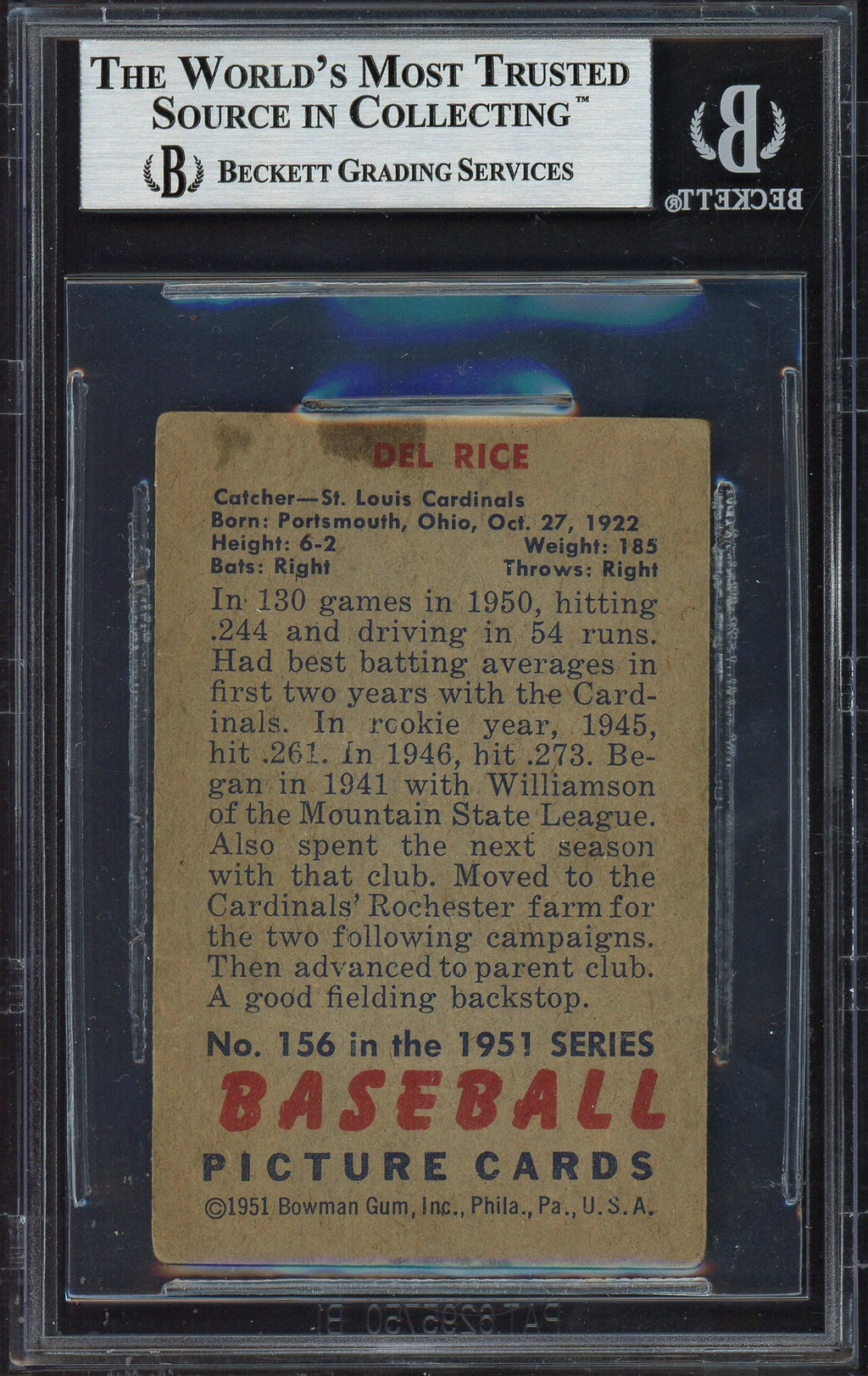 Del Rice Autographed 1951 Bowman Card #156 St. Louis Cardinals Beckett BAS #12486453