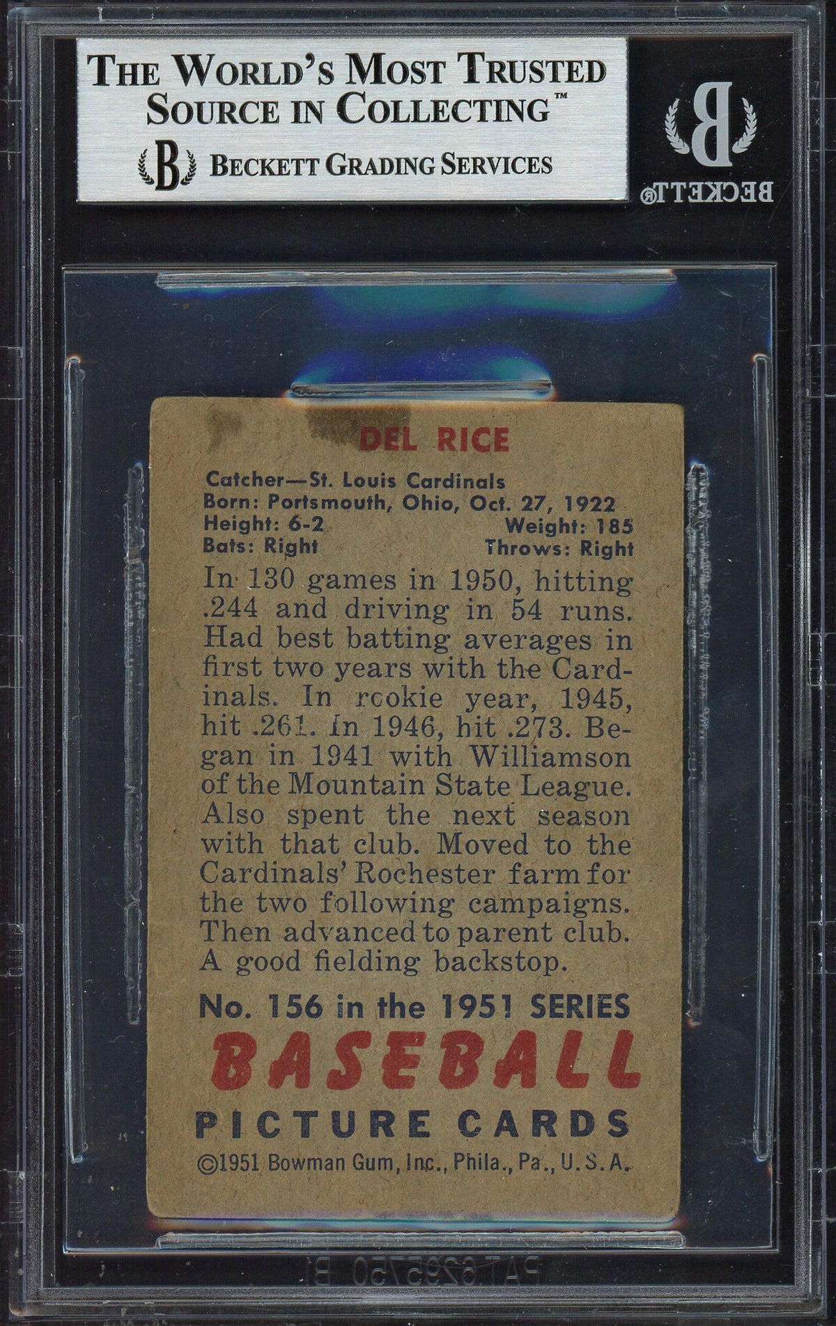 Del Rice Autographed 1951 Bowman Card #156 St. Louis Cardinals Beckett BAS #12486453