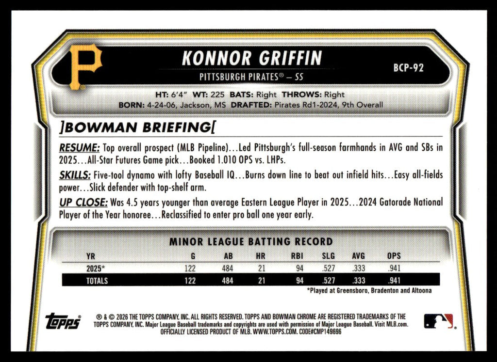 2026 Bowman Chrome Konnor Griffin Black Mojo Refractor /10