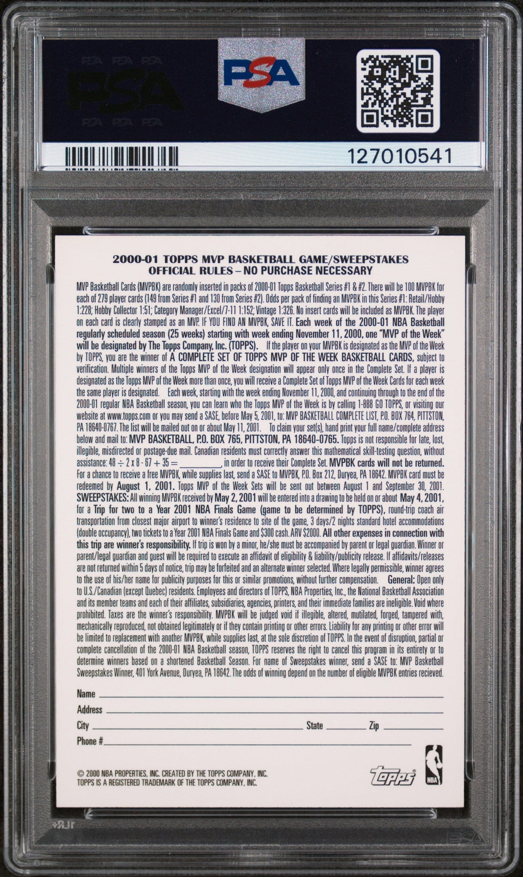 2000 Topps MVP Promotion-Unredeemed Kevin Garnett PSA 9