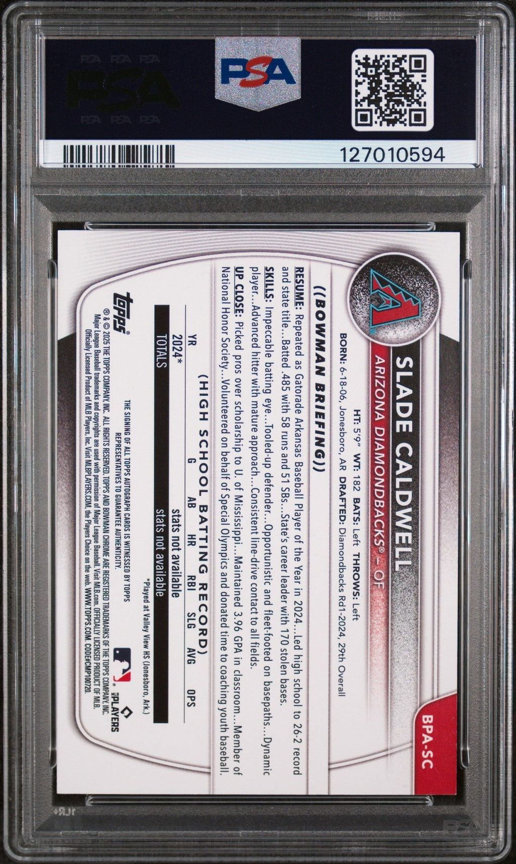 2025 Bowman Bowman Prospect Autographs Orange Slade Caldwell #BPASC /25 PSA 8