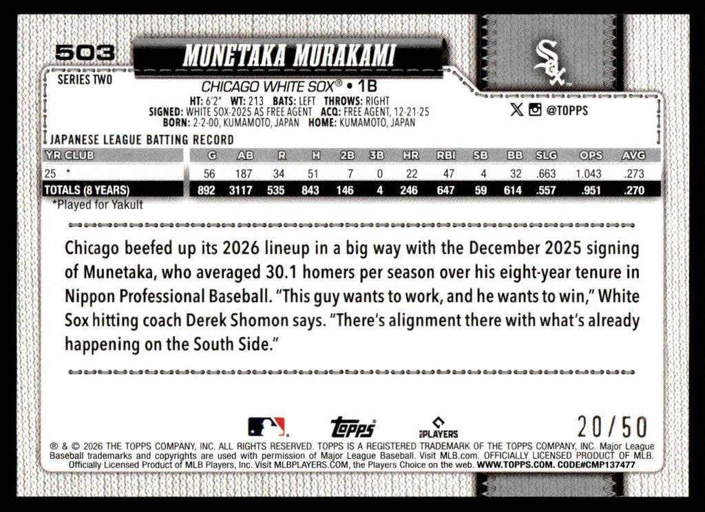 2026 Topps Series 2 #503 Munetaka Murakami Rookie RC True Gold Refractor /50