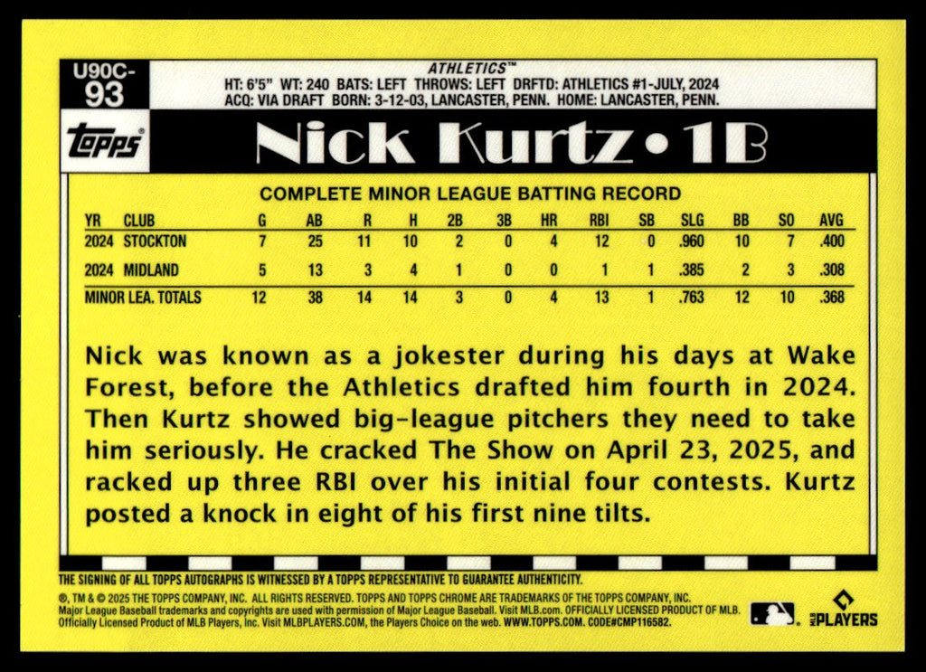 2025 Topps Chrome Update 1990 Silver Pack Nick Kurtz Rookie RC Mojo Auto /199