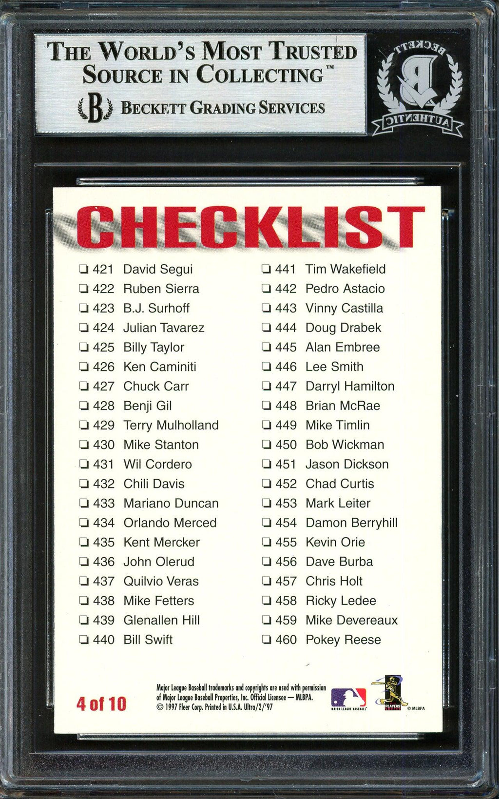 Alex Rodriguez Autographed 1997 Fleer Ultra Checklist Card #4 Seattle Mariners Beckett BAS #12410226