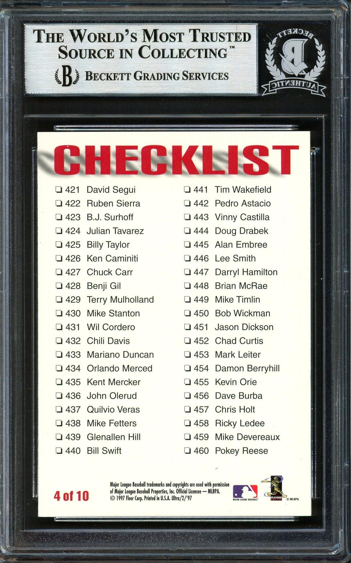 Alex Rodriguez Autographed 1997 Fleer Ultra Checklist Card #4 Seattle Mariners Beckett BAS #12410226