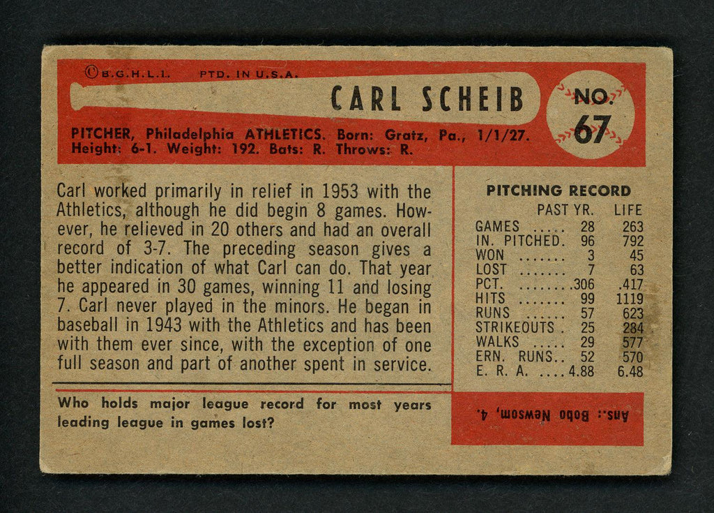 Carl Scheib Autographed 1954 Bowman Card #67 Philadelphia A's SKU #156959