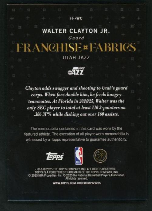 2023 Topps FF-WC Walter Clayton Jr. Franchise Fabrics Rookie /25 Utah Jazz